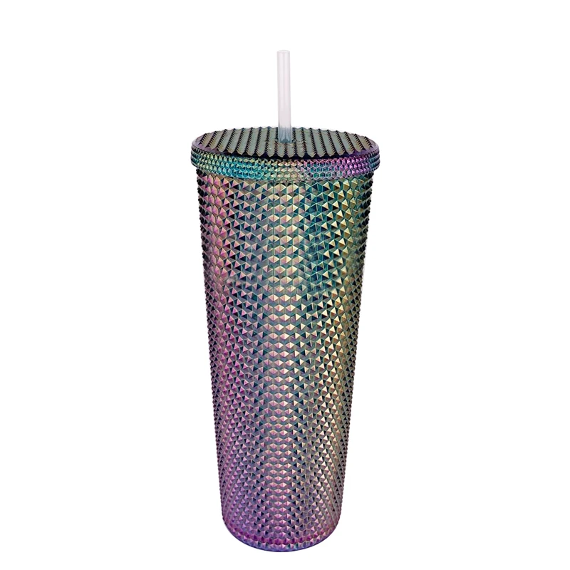 

New Hot Sale 24oz Matte Studded Durian Cup Pineapple Cup Double Layer Plastic Studded Grid Coffee Tumbler Cups With Straw, Black, blue, red,..