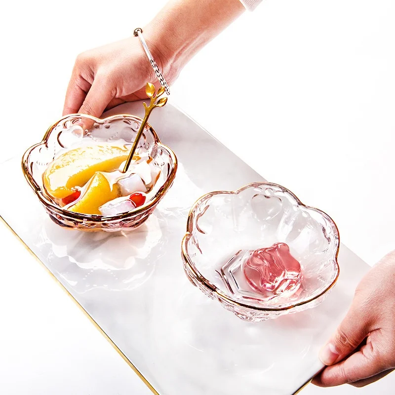 

ice cream bowl Wholesale Japan Style Cherry Blossom Transparent Glass Bowl Embossed Plates Sets Dessert Bowls