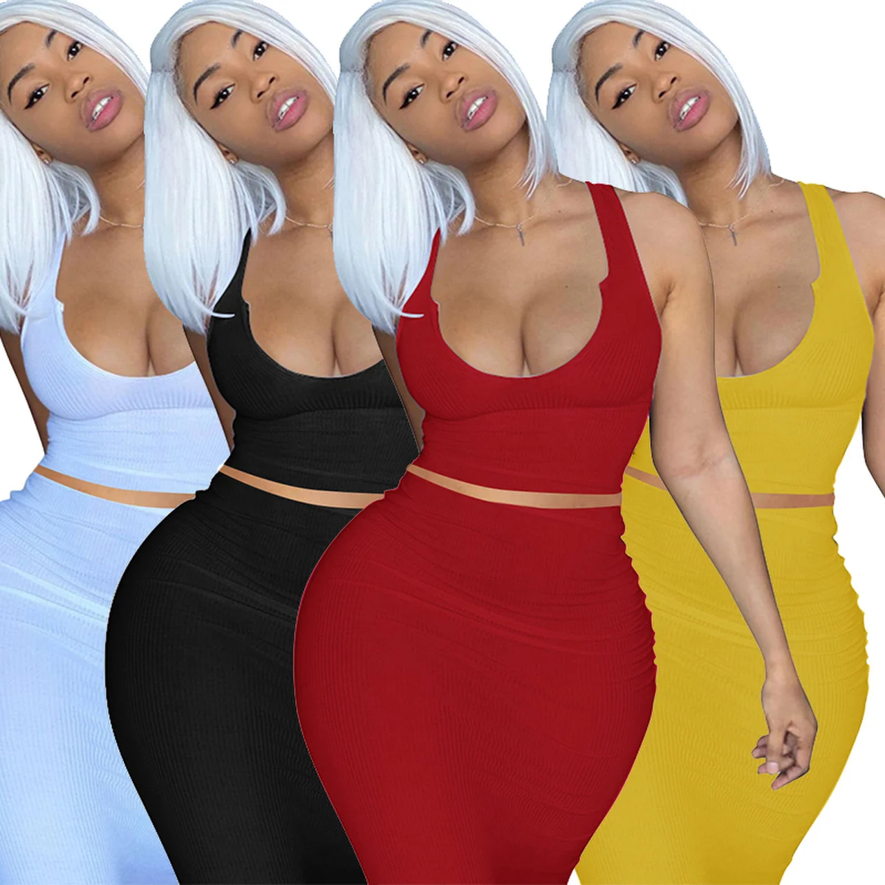 

2021 summer sleeveless plus size long maxi dress ladies Ribbed knitted crop top and skirt two piece set women clothing, Photo color