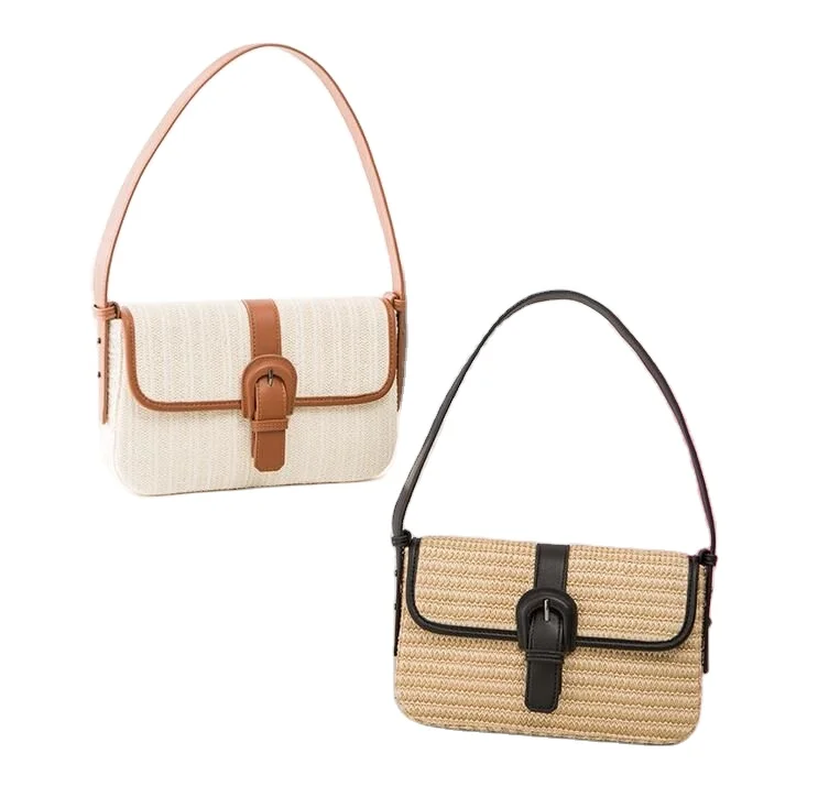 

Retro pp straw shoulder handbag zipper closed for women bags, Black.whtie.beige