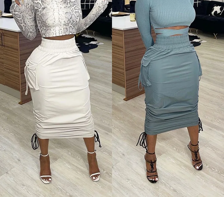 

Boutique women's fashion pure color high waist pleated tie pencil skirt