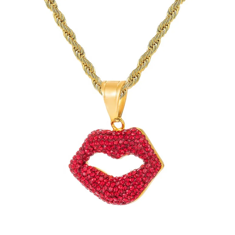 

Hip Hop Jewelry Titanium Steel Gold Plated Rhinestone Flaming Red Lip Big Mouth Pendant Necklace, Picture shows