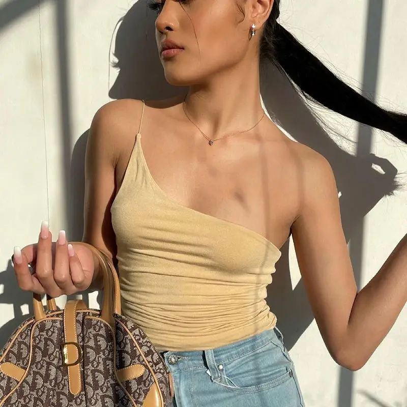 

Solid Casual Skinny One Shoulder Sleeveless Crop Top Strapless Slim Sexy Basic Simple Tank Tops Women Summer Streetwear
