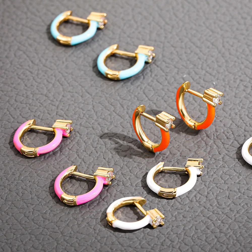 

Gold Plated Oil Driping Geometric Circle Clip on Earrings Tiny Colorful Enamel Zircon Hoop Earrings, As picture