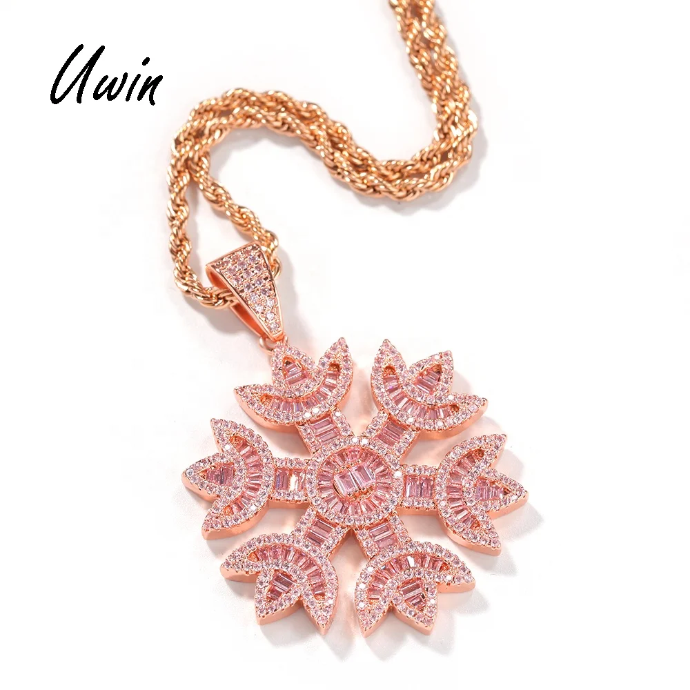 

Hip Hop Iced Out Pink Snowflake Pendant Rose Gold Necklace Wholesale Women Men CZ Rapper Jewelries