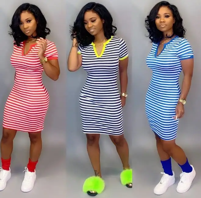 

striepd v-neck casual dress women clothes summer short sleeves bodycon dresses clothing ladies 2021