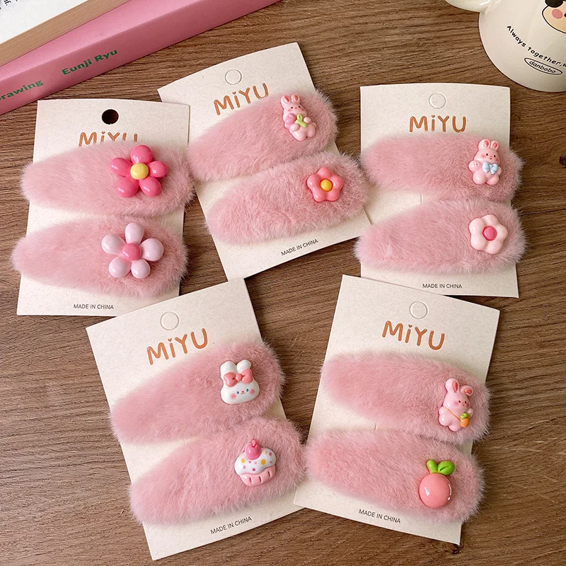 

2 Piece Autumn And Winter Sweet Pink Plush Cartoon Rabbit Flower Girls Hair Clips Hair Accessories For Children