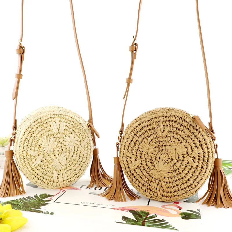 

Handmade woven straw bohemian tassel shoulder bag round straw beach bags, Natural