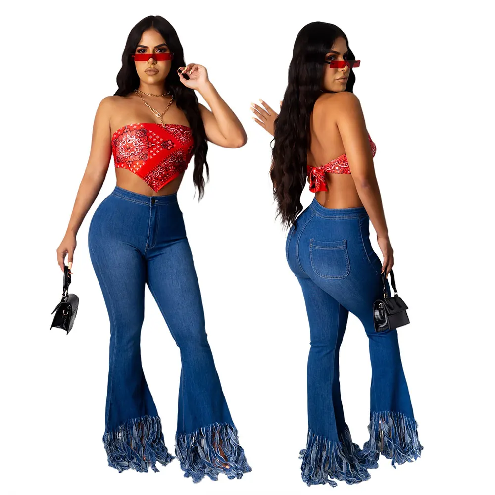 

Street Style Popular Ladies Wide Leg Hole Skinny Denim High Waist Slim Ripped Tassel Flare Jeans Pants Women Fashion, Denim jeans ripped pants