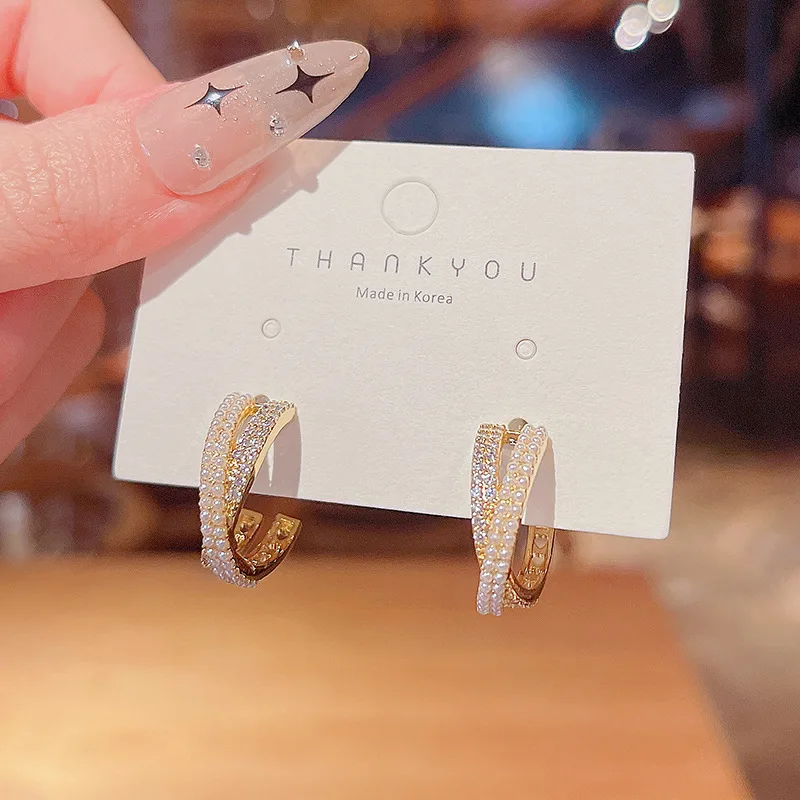 

Ins Trendy Real Gold Plated Pearl C Shape Earrings 925 Sterling Silver CZ Zircon Cross Hoop Earrings