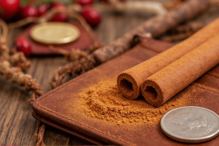 Close-up of cinnamon powder being sprinkled into a wallet with coins visible, representing the cinnamon first of the month prosperity ritual