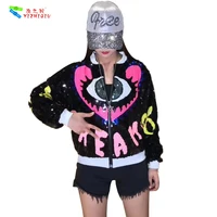 

YIZHIQIU black and pink evil eye sequin bomber female jacket