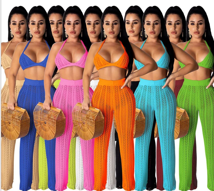 

Women Knitted Fishnet Hollow Out Bra And Pant two piece suit Summer, Black, white , green, camel, wine red