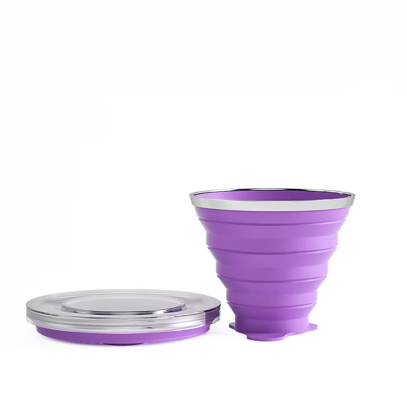 

Reusable BPA Free Food grade Collapsible Travel Silicone Folding Camping Cup with Lid, Customized color