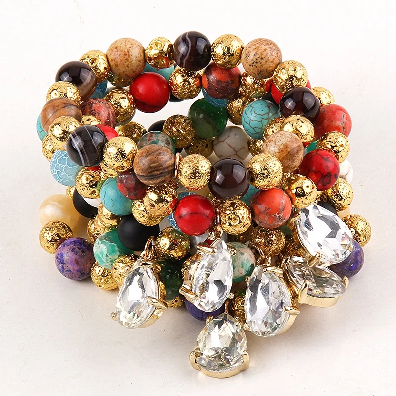

10mm 2 Color Natural Stone Bracelet Buddhism Gold Lava Bead Yoga shiny crystal drop bracelet