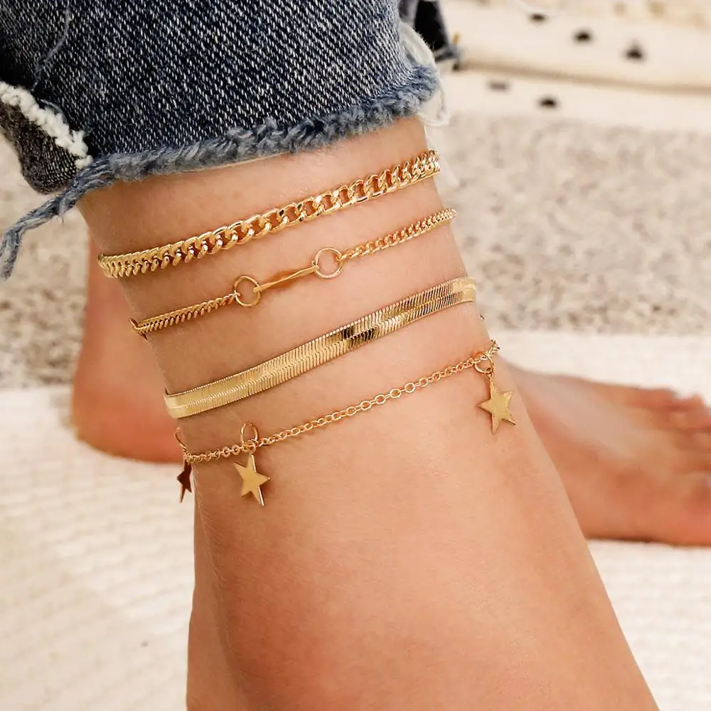 

HOVANCI Hot selling Multi layers Gold Pentagram Ankle Bracelets Link Chain Anklets For Women, Gold silver