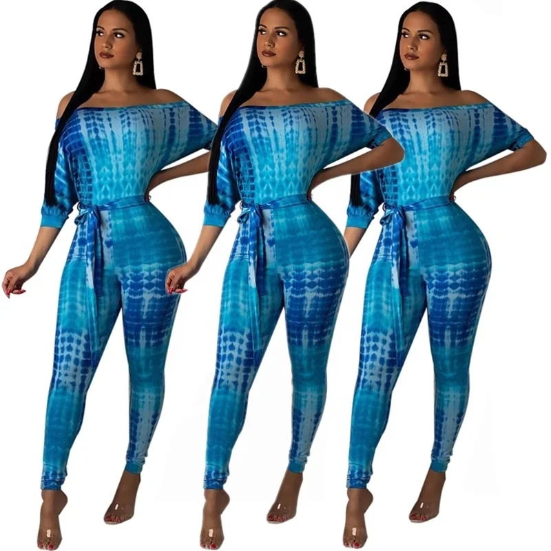 

B52301A Wholesale women casual printing fashion off the shoulder jumpsuit, Blue