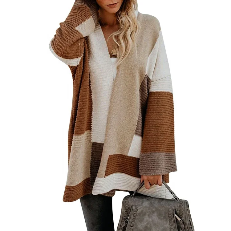 

Autumn&winter women's large size loose geometric color matching sweater cardigan