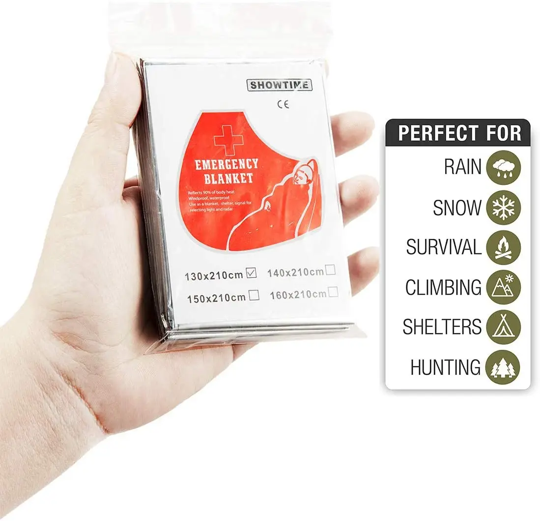 

Outdoor Waterproof Polyester Plastic Film Coated Aluminum Camping Emergency Blanket, Silver