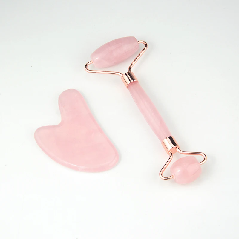 

100% natural handheld rose quartz jade roller gua sha beauty facial massage rose jade roller for face with box