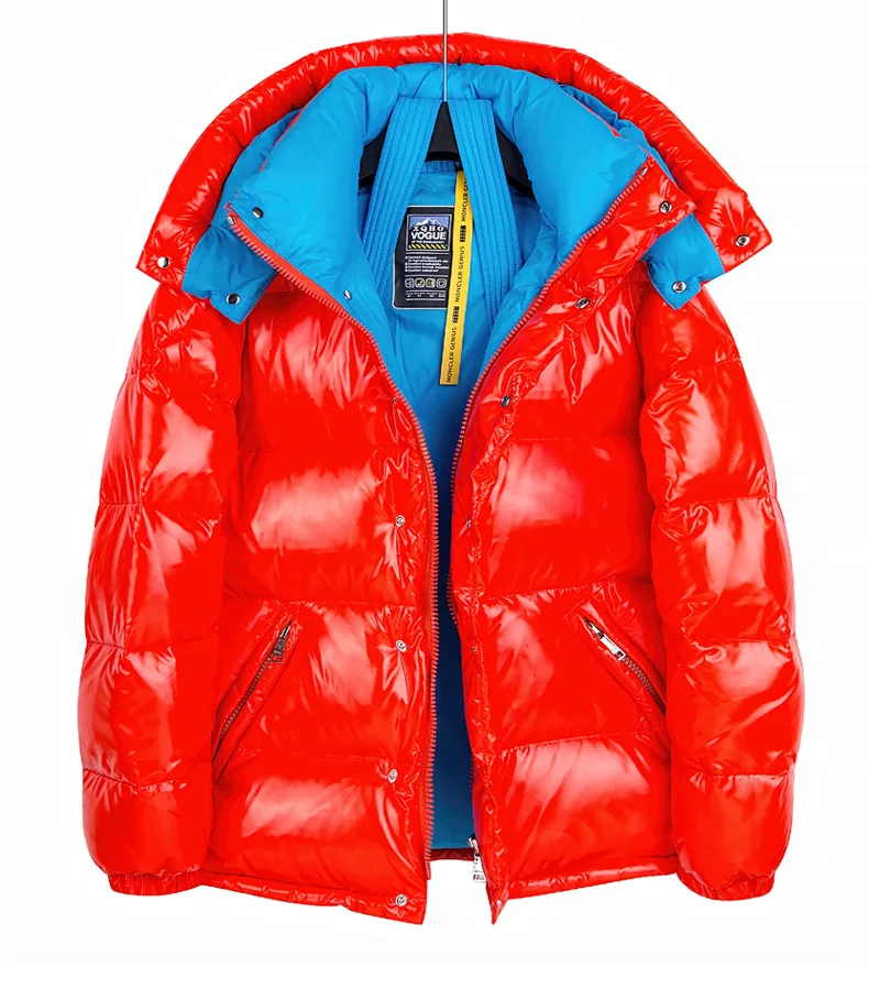 

Minus 20 degrees cold resistance 90% white duck down men's bright face down jacket short couple lovers with thicker jacket