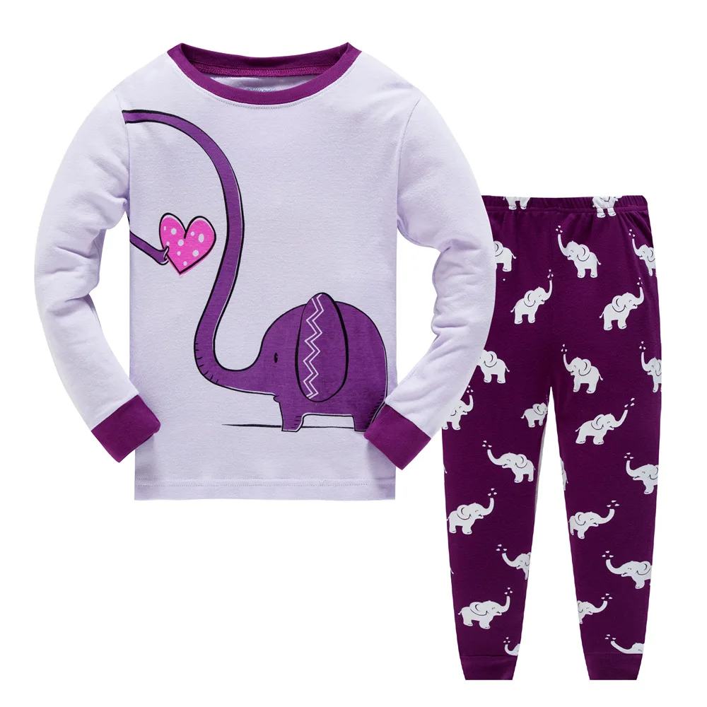 

Embroidery custom cartoon elephant print girl children's sleepwear suits baby kids clothing set