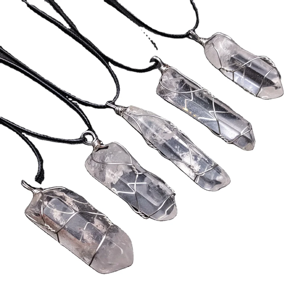 

Jewelry Natural White Crystal Wrapped Pendant Rough Stone Crystal Hexagonal Column Winding Irregular Necklace