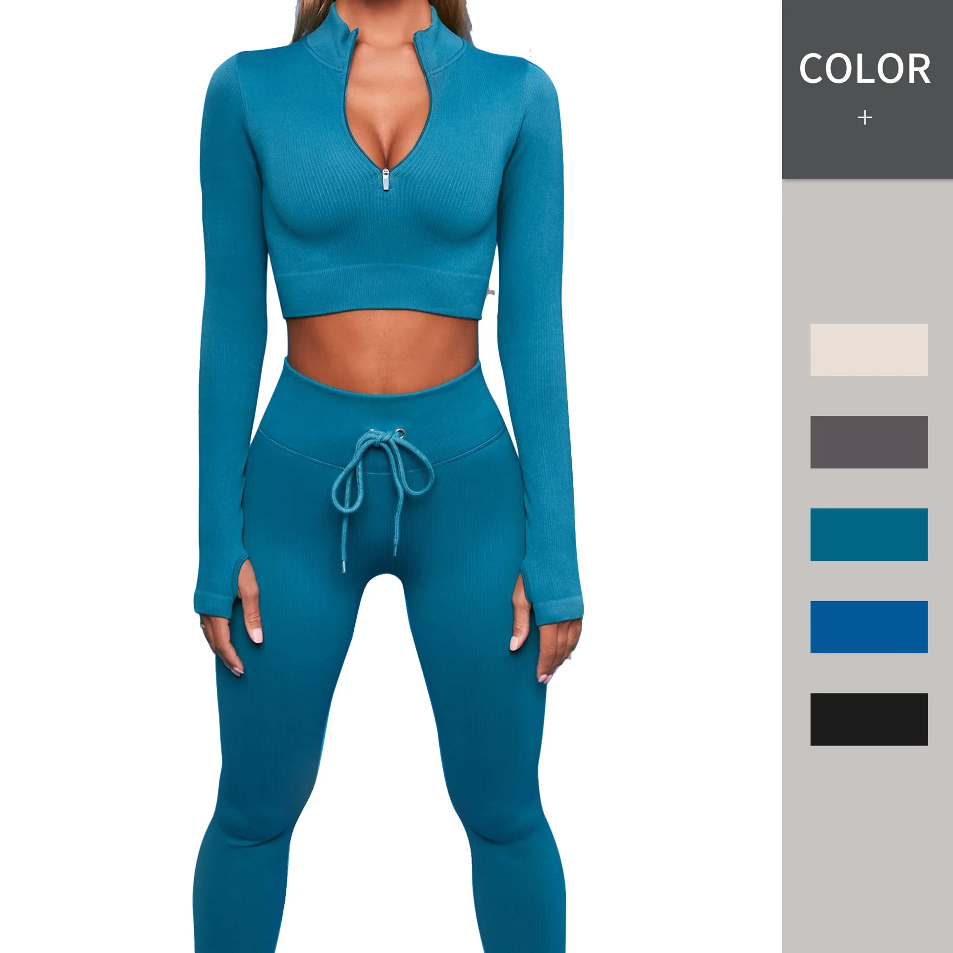 

YDF12 Women's running fitness clothes solid color zipper yoga clothes long-sleeved drawstring trousers yoga clothes suit, Picture shows