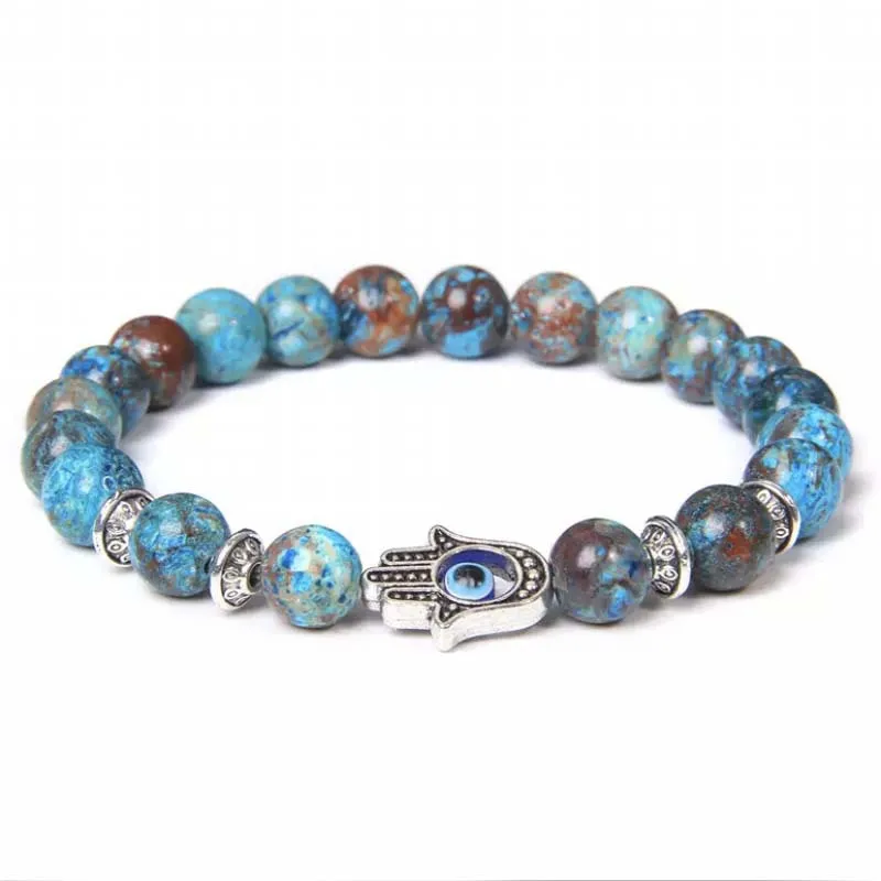 

Hot Hand Evil Eyes Charm Buddha Bracelets Men Beads Blue Stone Natural Stone Bracelet Jewelry Gifts Unisex