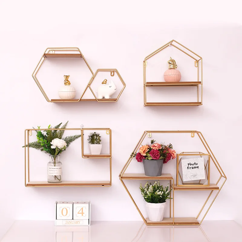 

Nordic Creative Wrought Iron Gold Multi-regular Shape Floating Shelves Wall Mounted Metal Storage Holders Racks Home Decoration, As photo