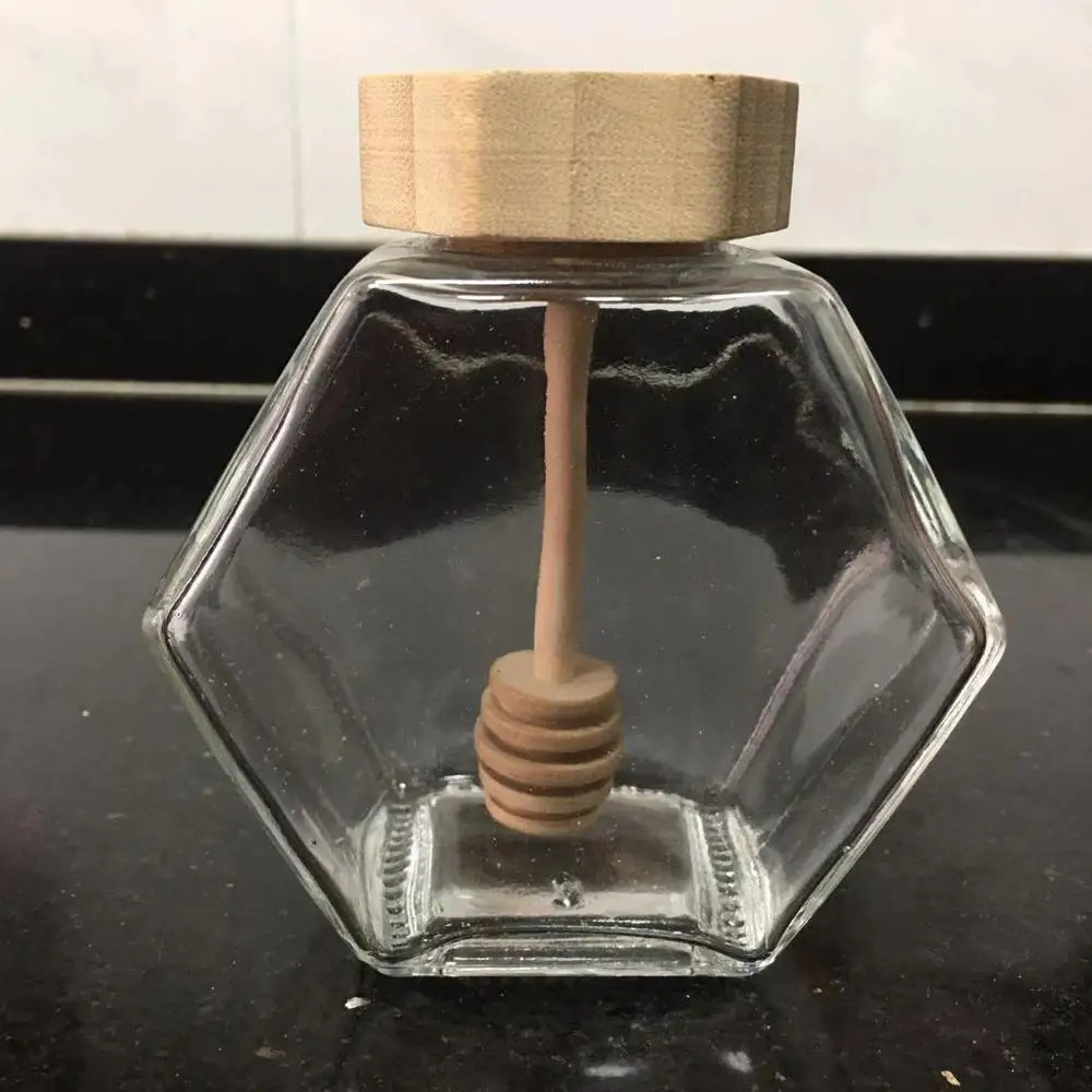 Custom Clear Packaging Hexagon Unique Glass Jars, Whoseal Airtight 380Ml Storage Honey Jam Bamboo Lid Bottles Glass Honey Jar/