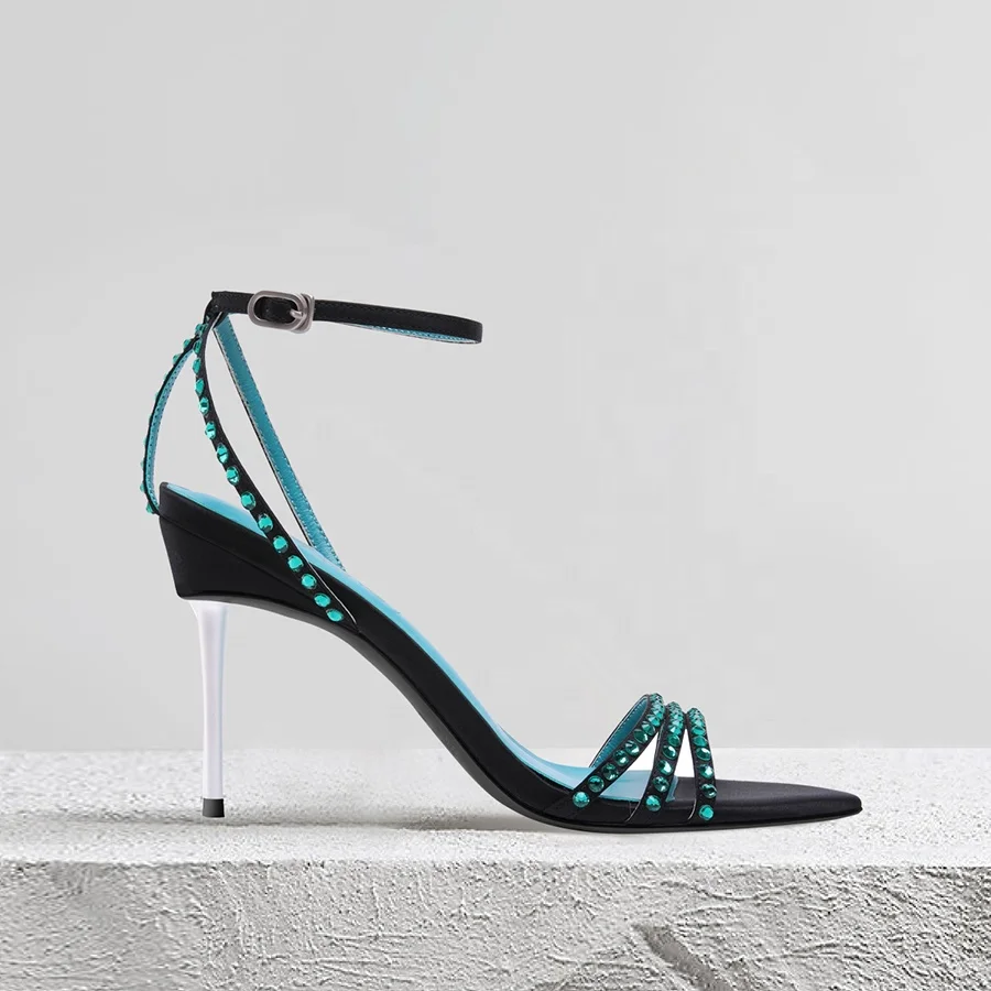 

Blue rhinestone high heel lady shoes diamonds sandals for women and ladies 2020