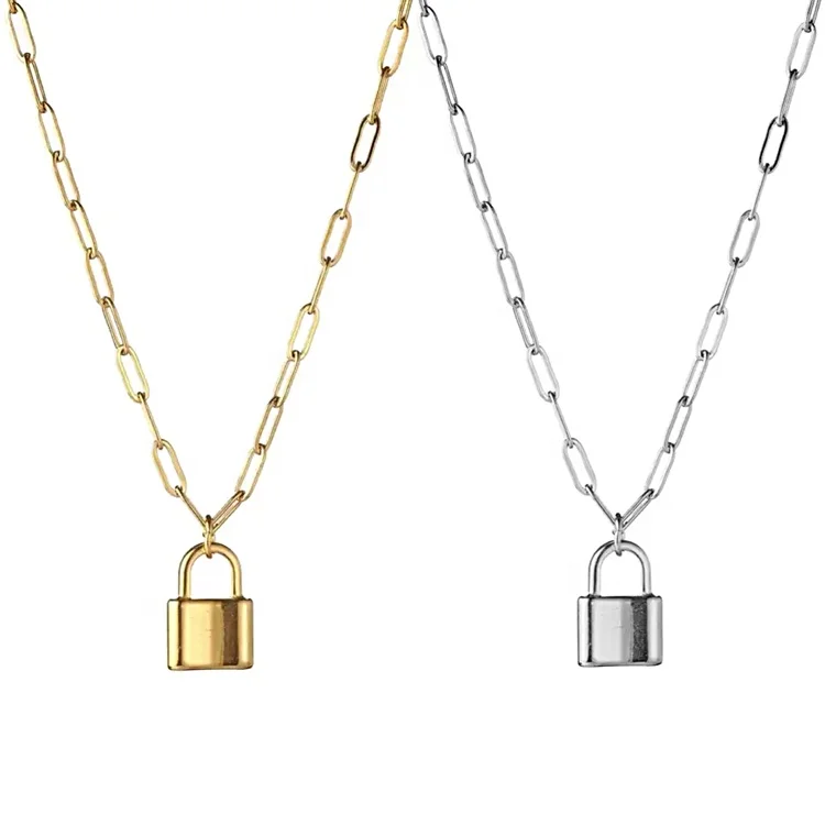 

Women Minimalist 18k Gold Plated Stainless Steel Padlock Paper Clip Link Chain Necklace Gold Lock Necklace, Gold color