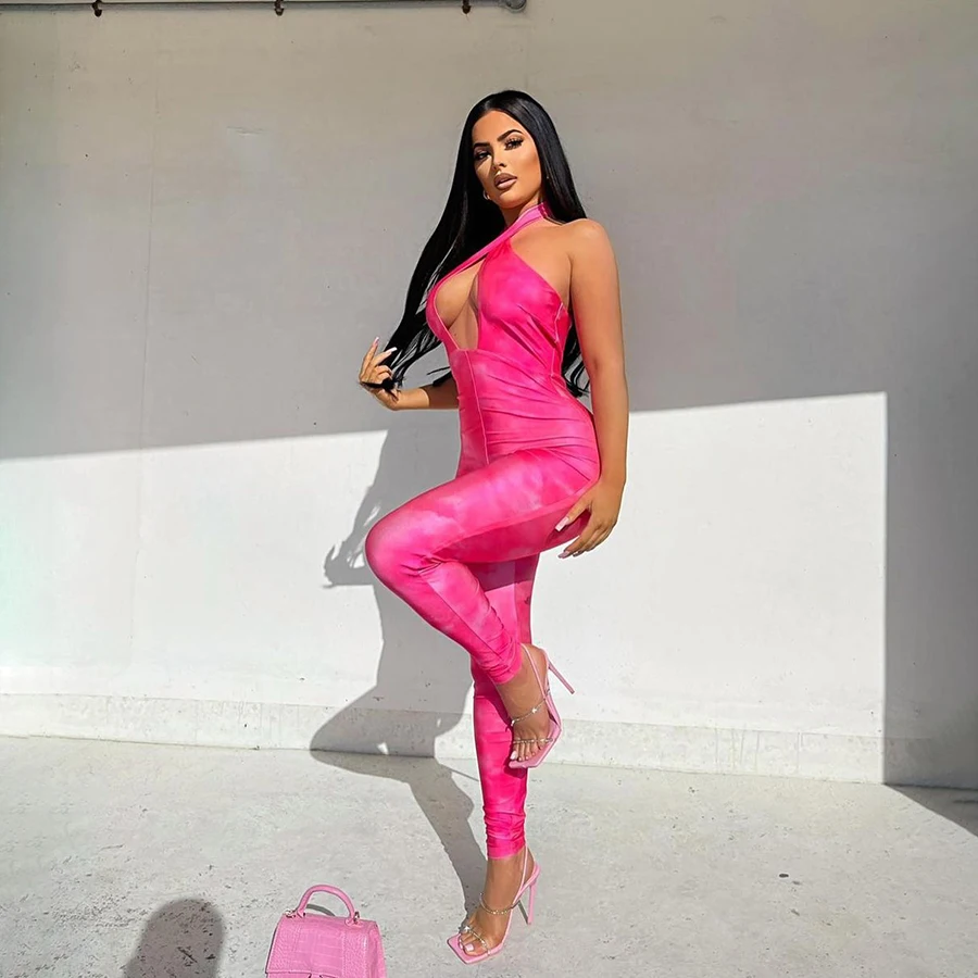 

Nibber K21Q01700 Fashionable Hot Sale Cross Halter Sleeveless Backless Sexy Ripped Hole Bodycon Jumpsuit Women Playsuit Rompers, Pink