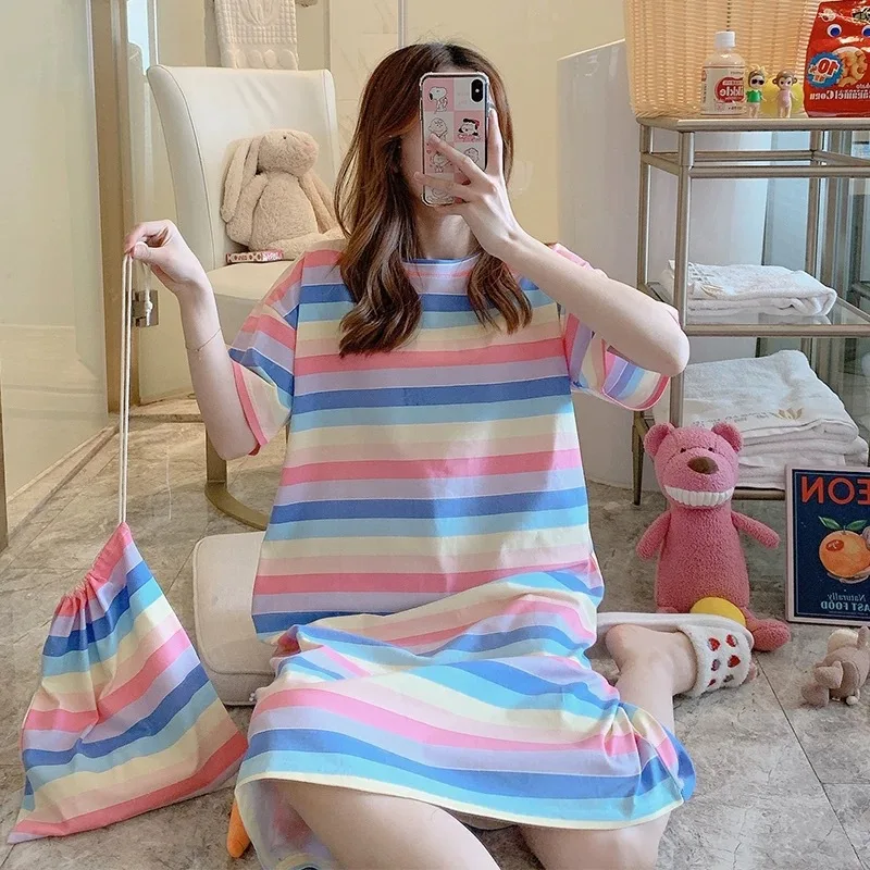 

New Summer Korean Sweet And Lovely Cloth Nightdress Latest Women Pajama Footed Pajama Short Sleeve Large Size