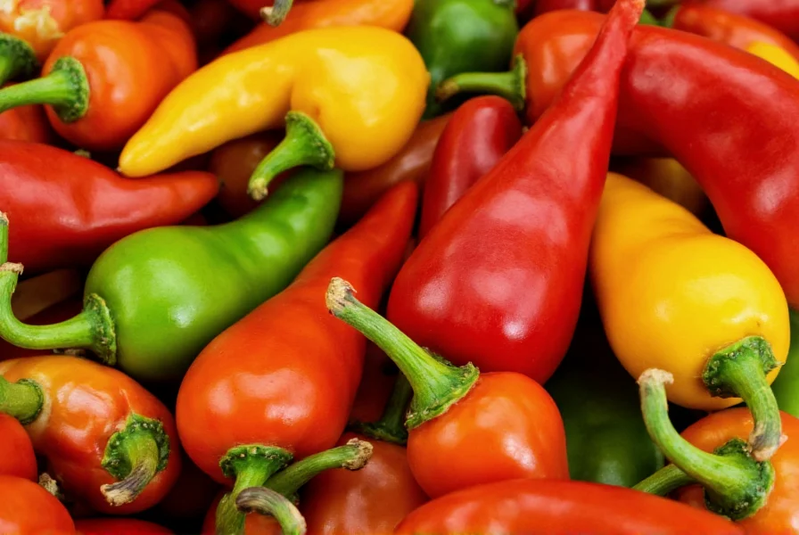 Close-up view of various scorpion chili pepper varieties showing their distinctive stinger-like tails and vibrant colors