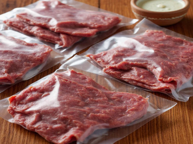 Homemade beef jerky in vacuum-sealed bags with oxygen absorbers