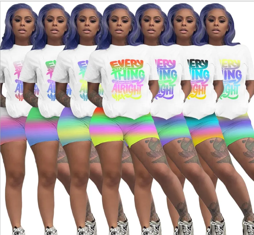 

YX9278 2021 summer wears, 7colors letter printed tshirt with stripe shorts two piece 2 piece short set