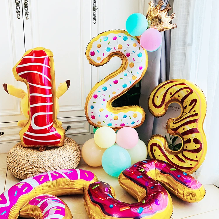 

32inch Number Donuts Cake Dessert Print Figure Foil Balloons For Kids Birthday Party Decor Supplies Sweet Number Balloon