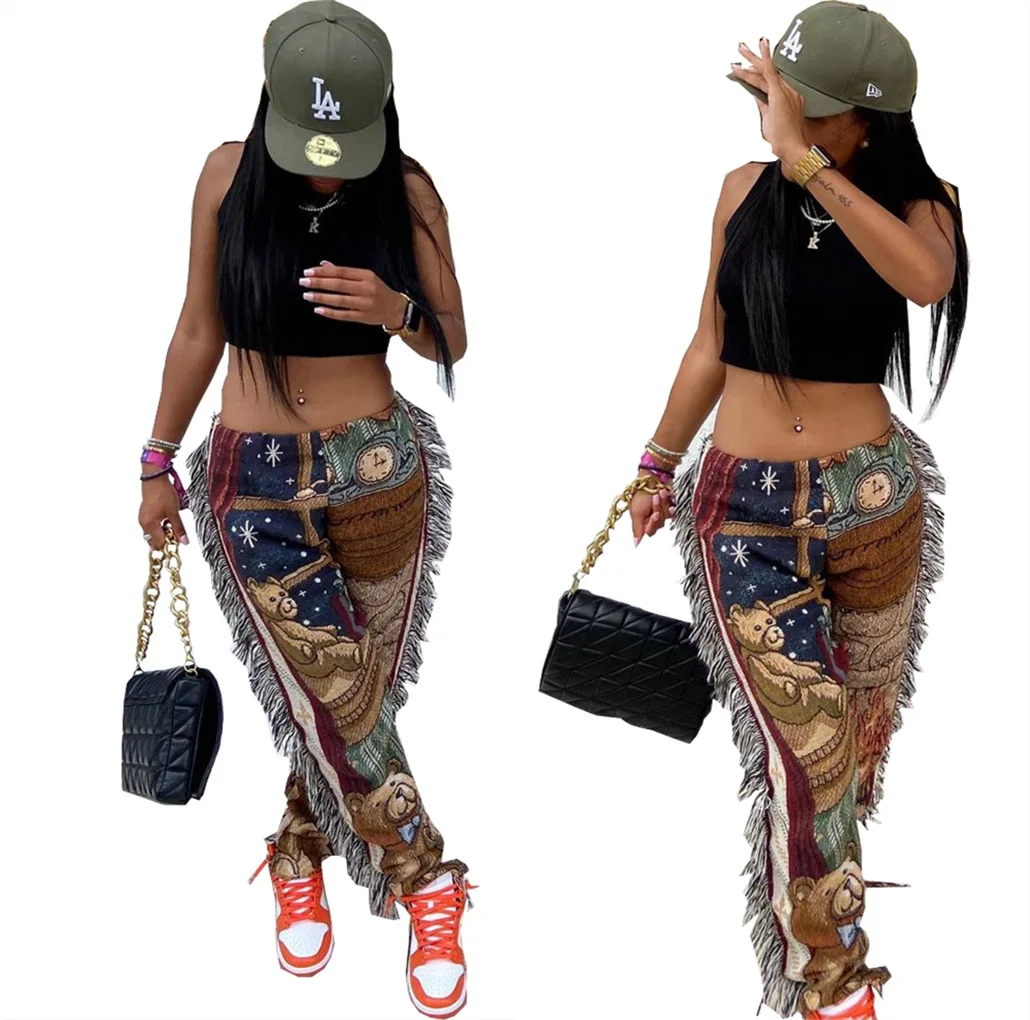 

Fall Casual Cartoon Printed Jogger Pant Stylish High Waist Ladies Fringe Sweatpants Streetwear, Picture color