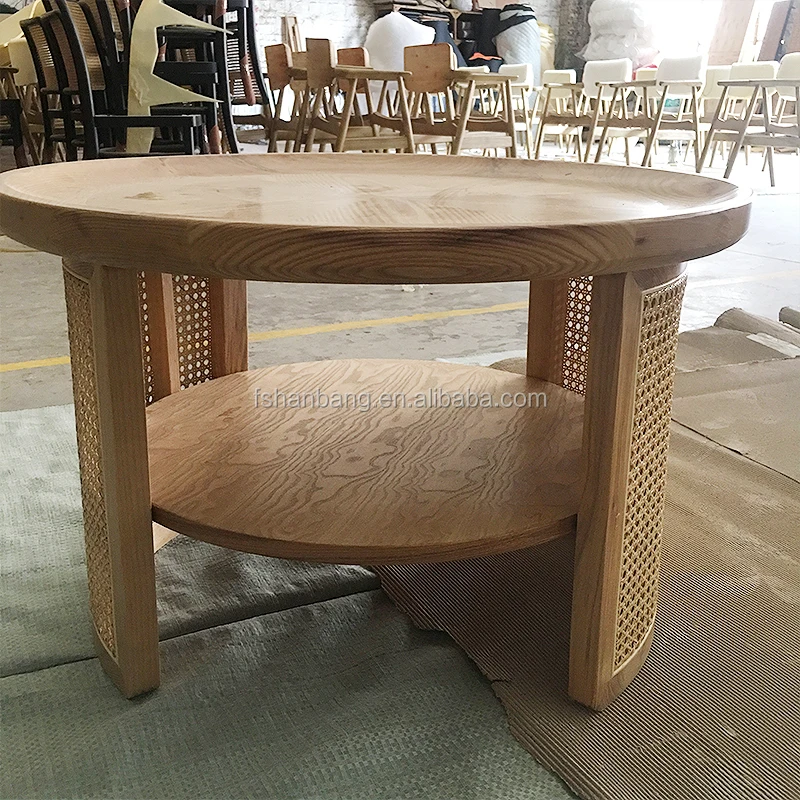 Round Natural Rattan Cane Wooden Coffee Table