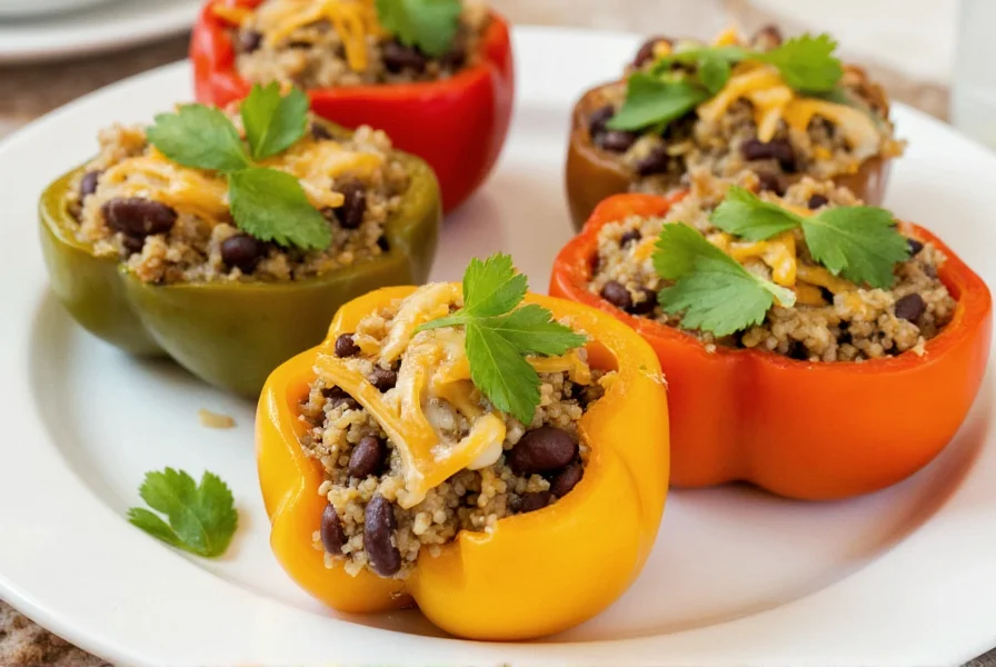 Colorful stuffed pepper squash halves filled with quinoa, black beans, and cheese, garnished with fresh cilantro