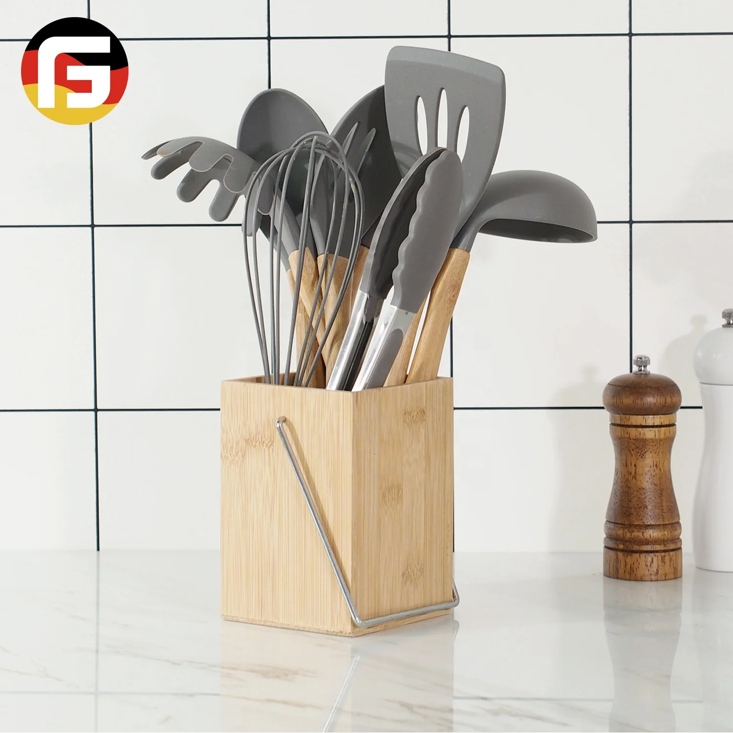 

9 Piece Silicone Utensil Set Bamboo Wooden Handle for Nonstick Cookware With Holder, Grey