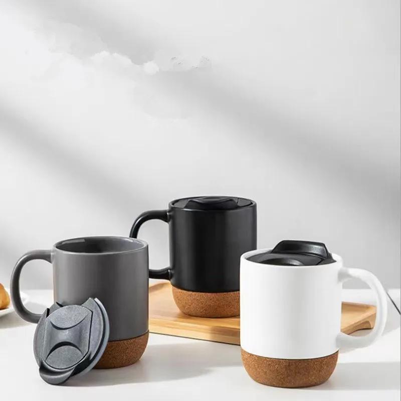 

Custom nordic matte black cork base coffee mug cup ceramic with wooden insulated cork bottom Lid, Ring handle mug