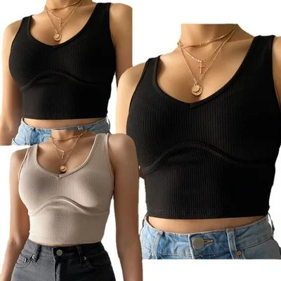 

F41113A ready to ship Summer 2021 European and American stretch V-neck knit women's vest woman tops fashionable, As picture