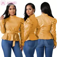 

W2039 casual fashion solid color stand neck pullover belt blouse Women Fashion High Quality Woman Clothing