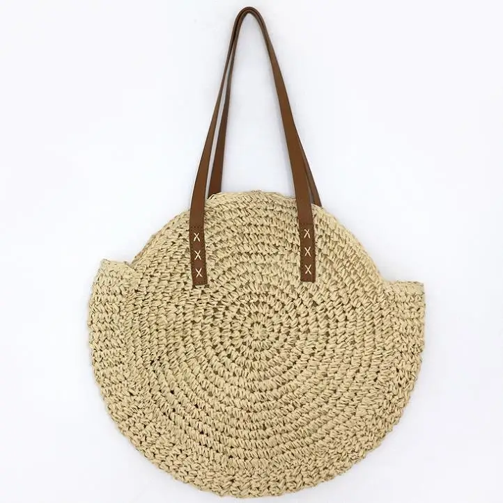 

Round Straw Bags Women Shopping Bag Summer Casual Handmade Woven Circle Rattan Beach Handbags Female Fashion Straw Shoulder Bags, 2 colors