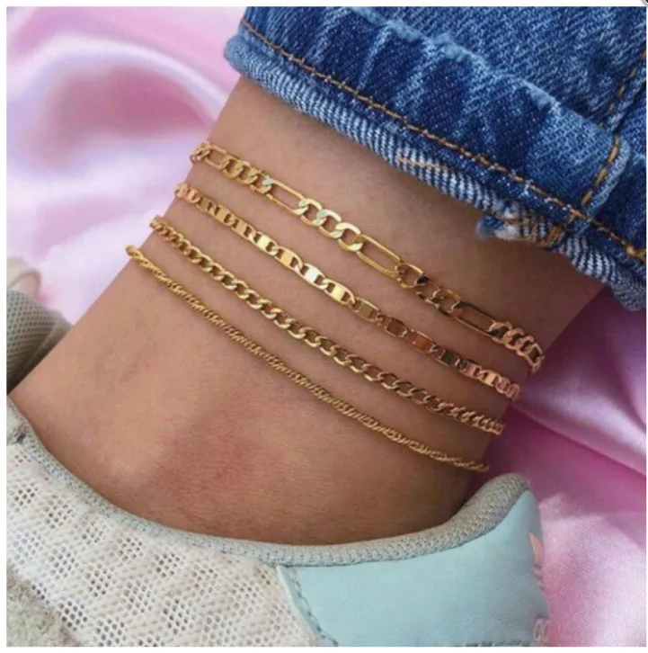 

4Pcs Set Multilayer Chunky Leg Chain Anklets Beach Foot Jewelry Layered Anklet Chain, Golden