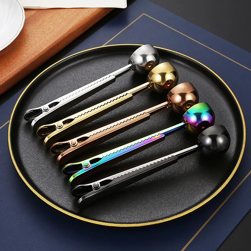 No Scratches 2023 Hot Sell Camping Coffee Scoop Stainless Steel Gold Plated Long Handle Measuring Spoon with Clip 30mL Capacity