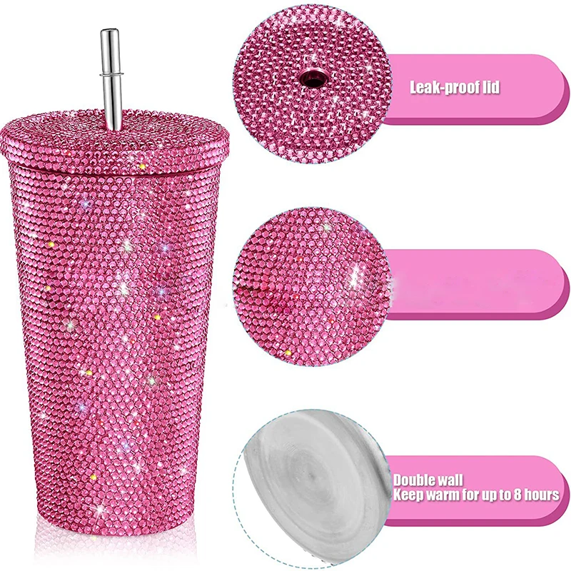 

Double walled crystal stainless steel coffee cups insulated bling rhinestone stainless steel tumbler with lid and straw